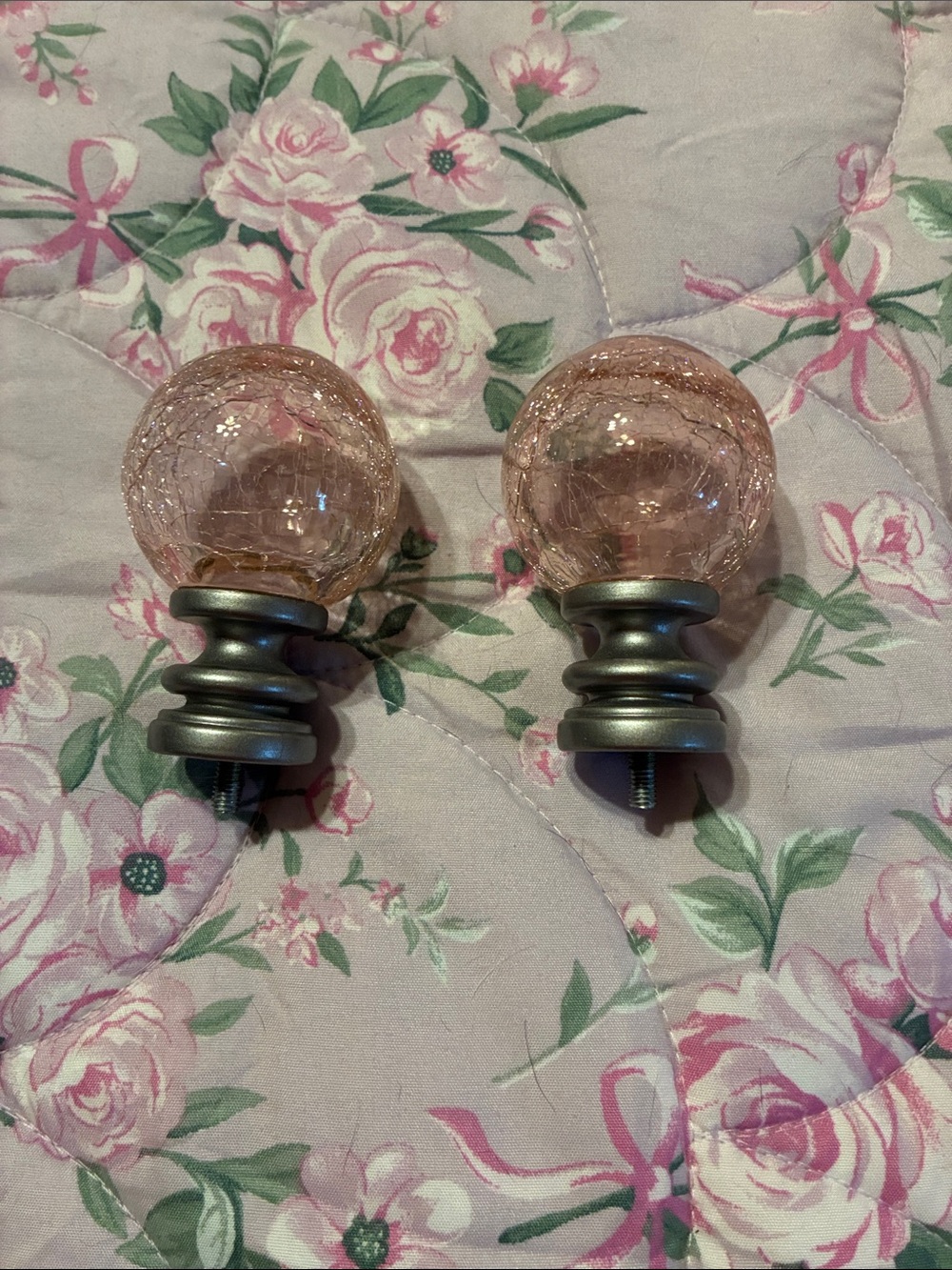 Decorative Pink Glass Finial Pair with Silver Bases